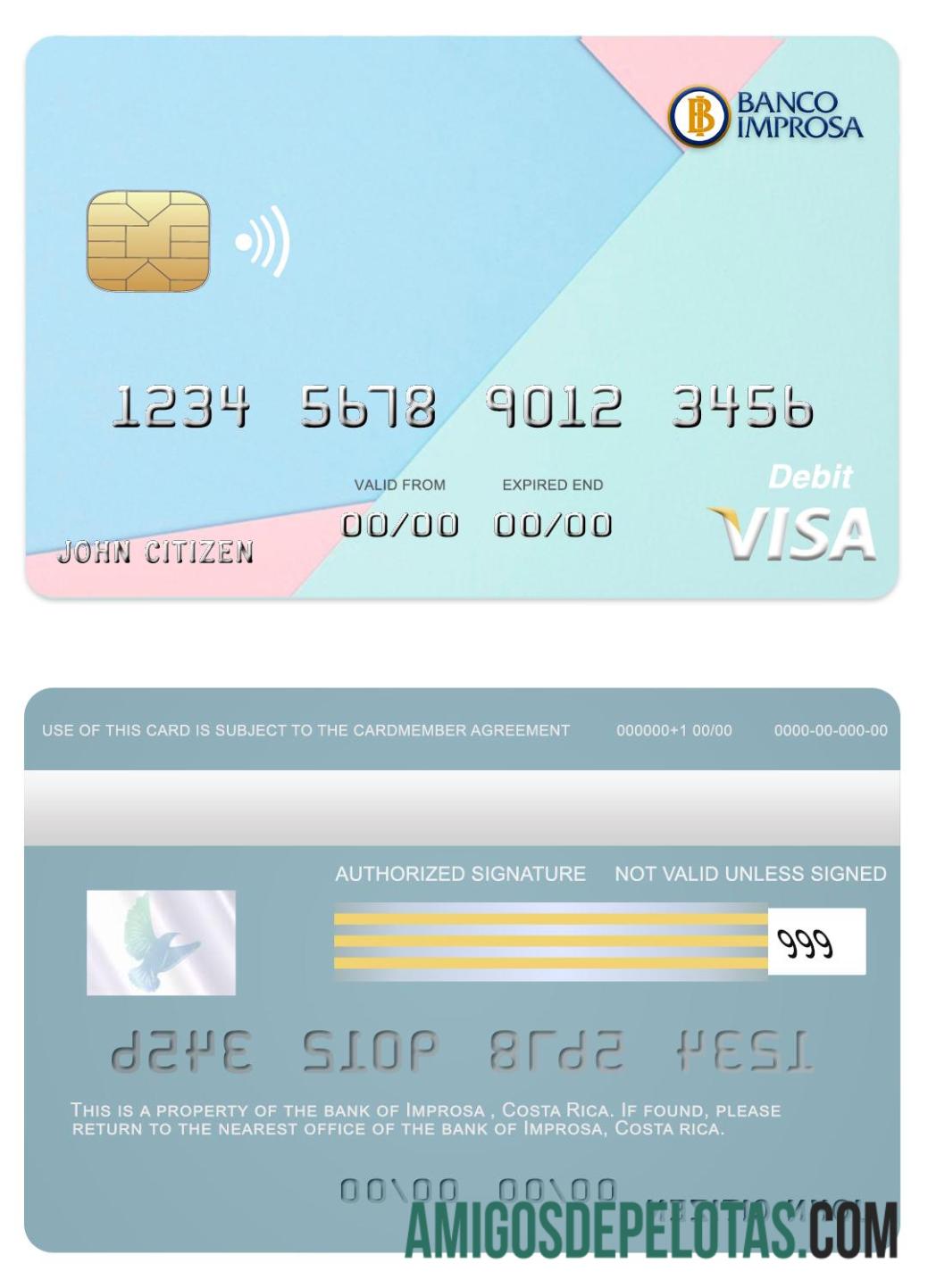 Cartão Visa do Banco Improsa da Costa Rica modelo